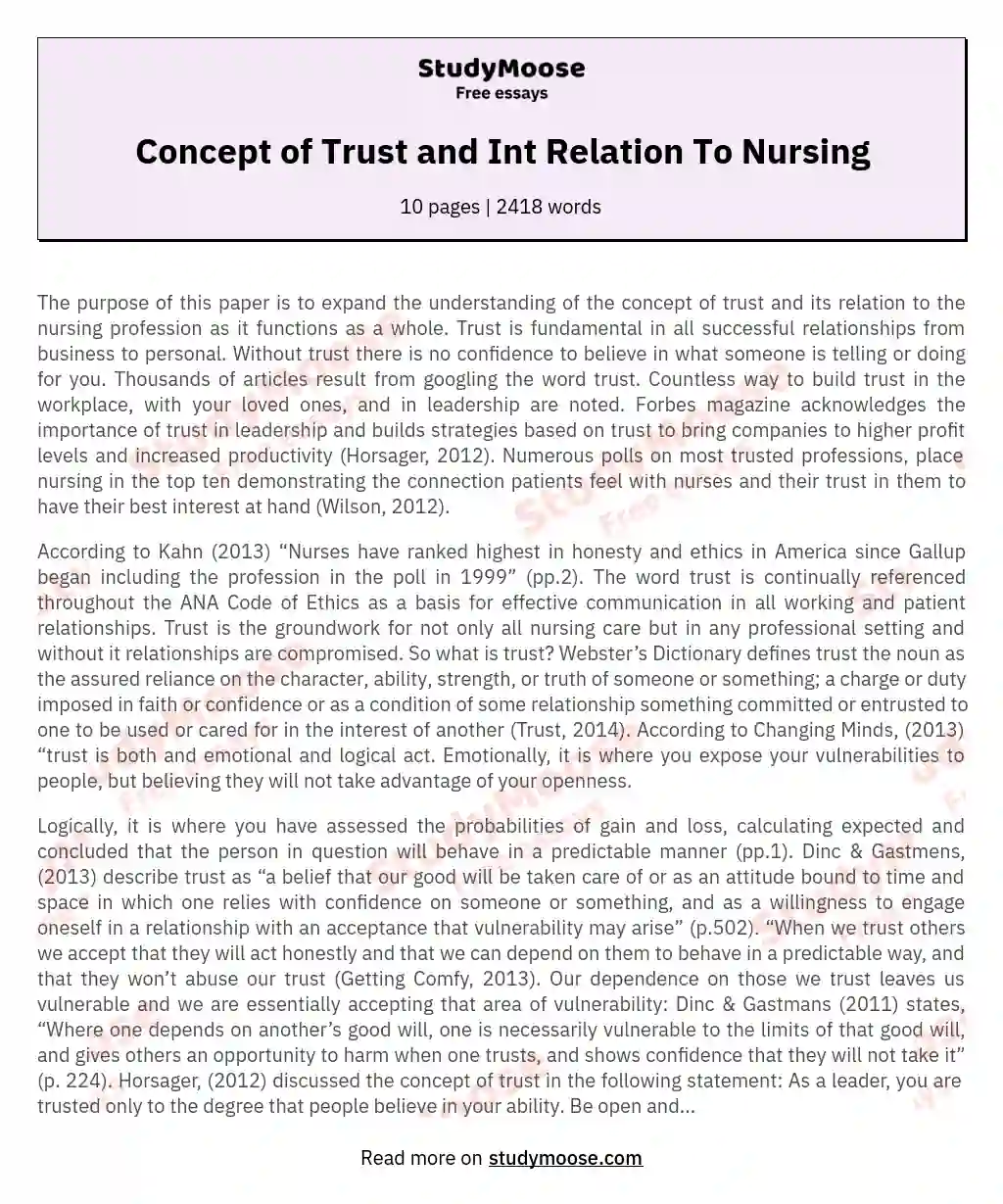 Concept of Trust and Int Relation To Nursing essay