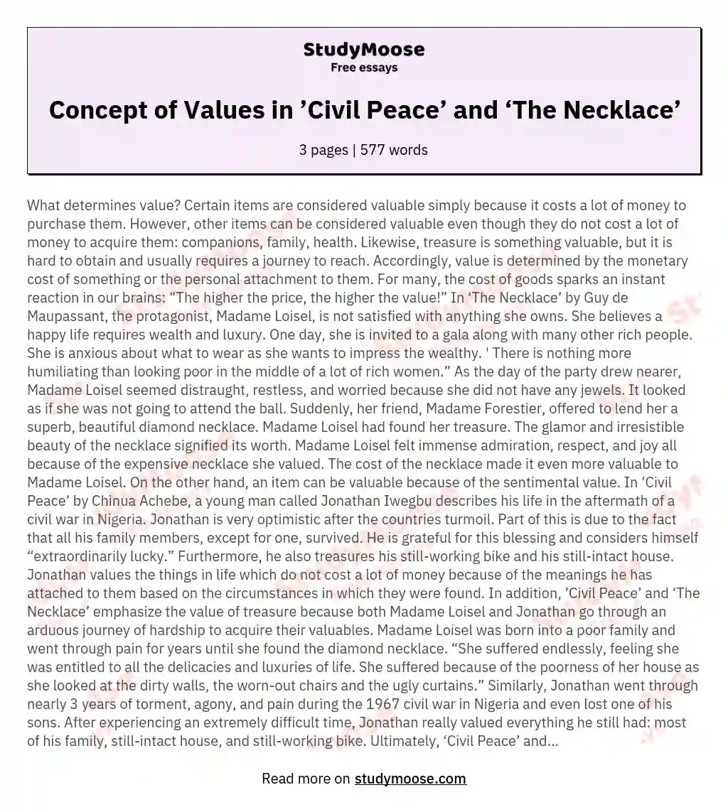 Concept of Values in ’Civil Peace’ and ‘The Necklace’ essay
