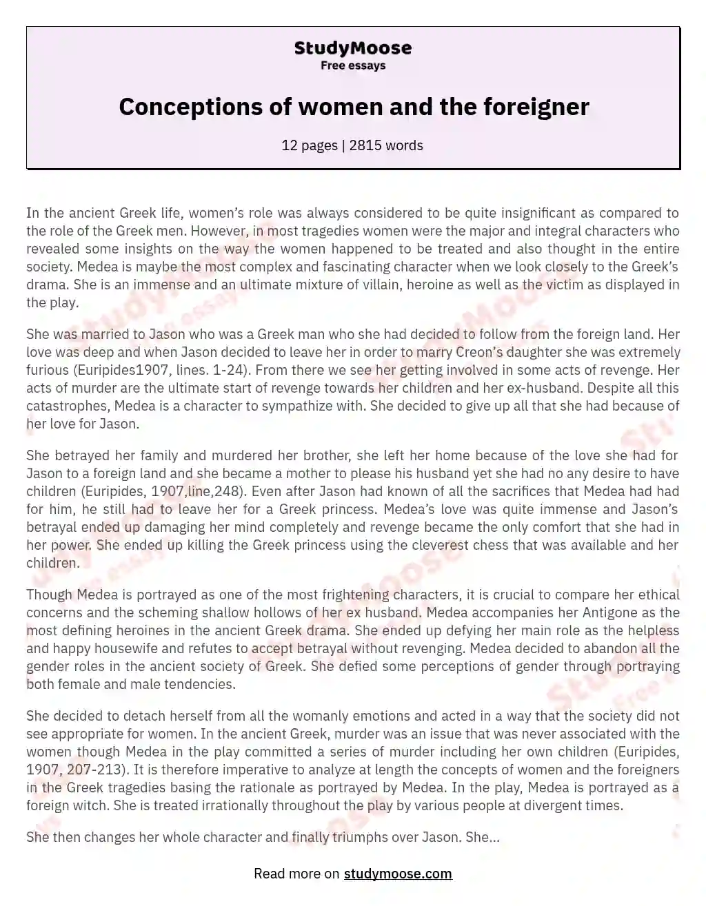 Conceptions of women and the foreigner essay