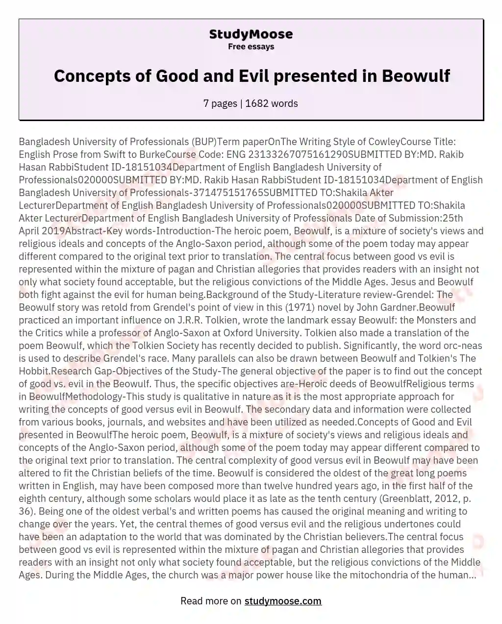Concepts of Good and Evil presented in Beowulf essay
