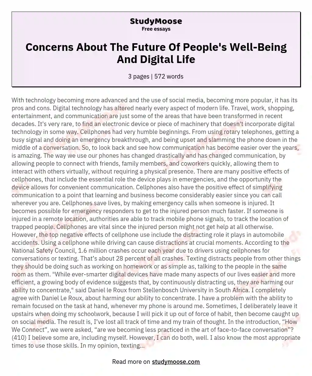Concerns About The Future Of People's Well-Being And Digital Life essay
