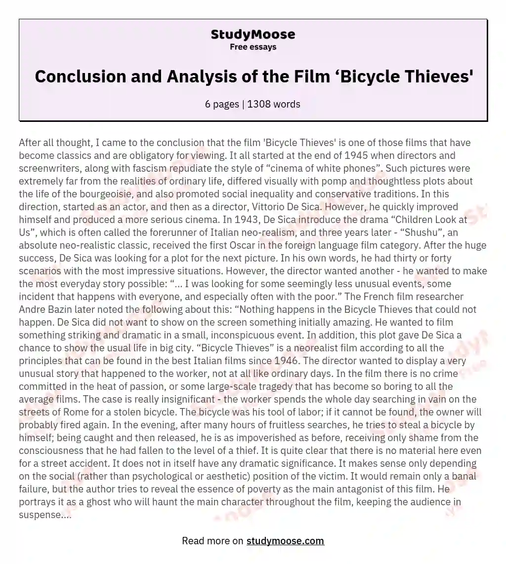 Conclusion and Analysis of the Film ‘Bicycle Thieves' essay