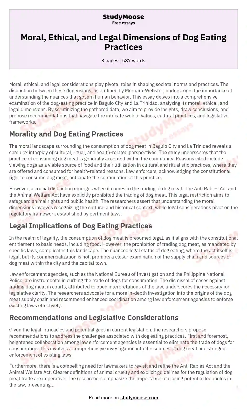 Moral, Ethical, and Legal Dimensions of Dog Eating Practices essay