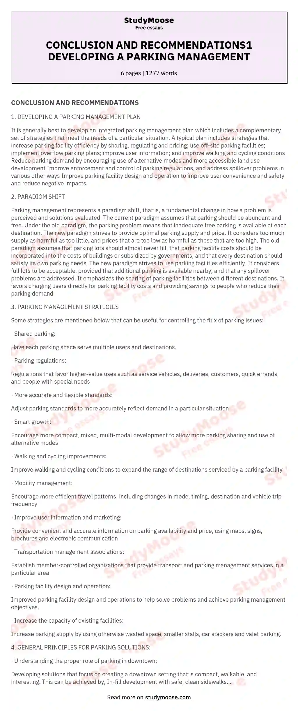 CONCLUSION AND RECOMMENDATIONS1 DEVELOPING A PARKING MANAGEMENT essay