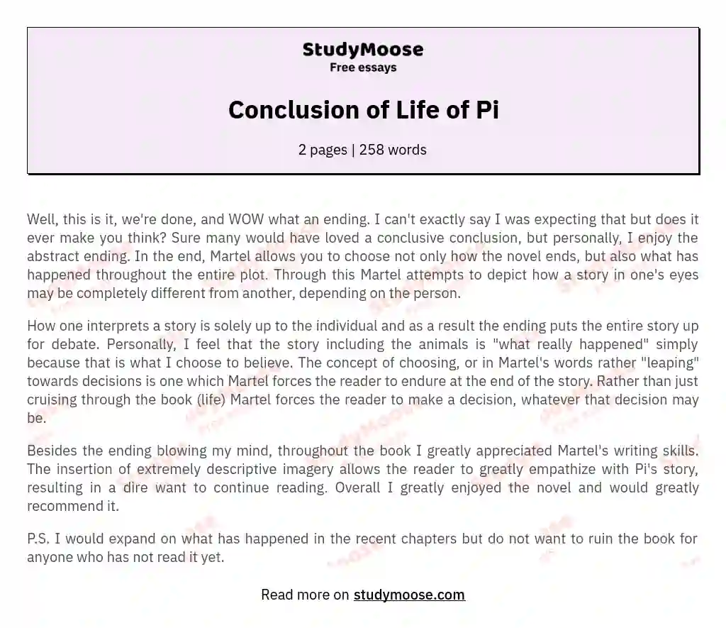 Conclusion of Life of Pi essay