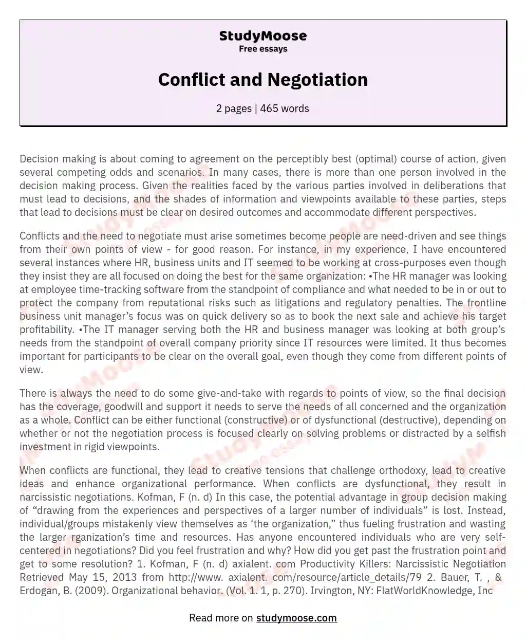 Conflict and Negotiation essay