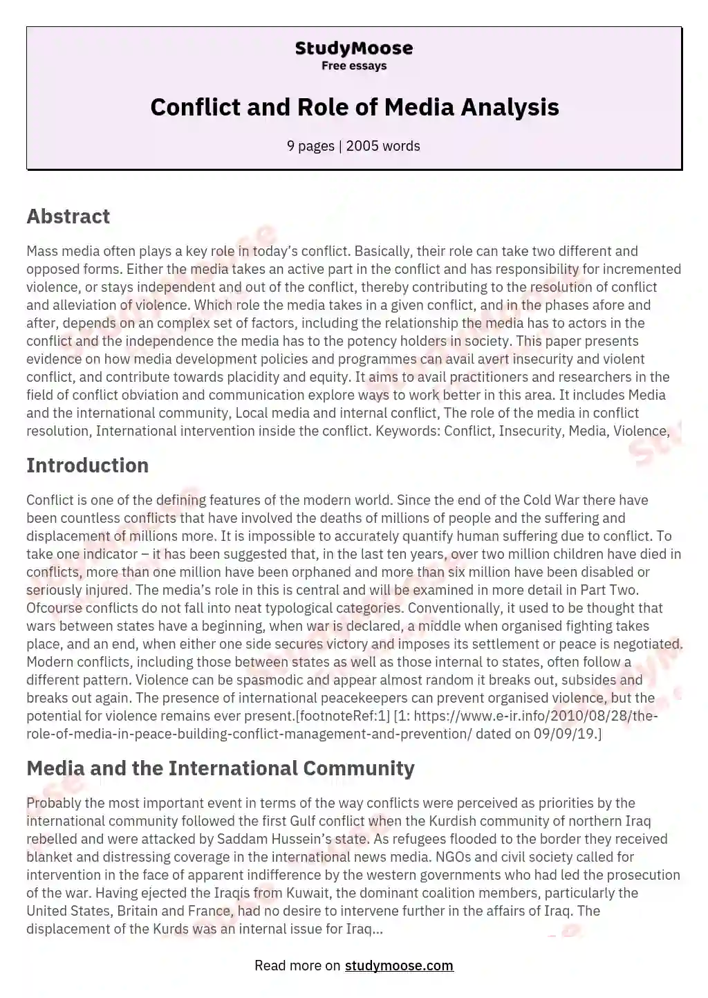 Conflict and Role of Media Analysis essay