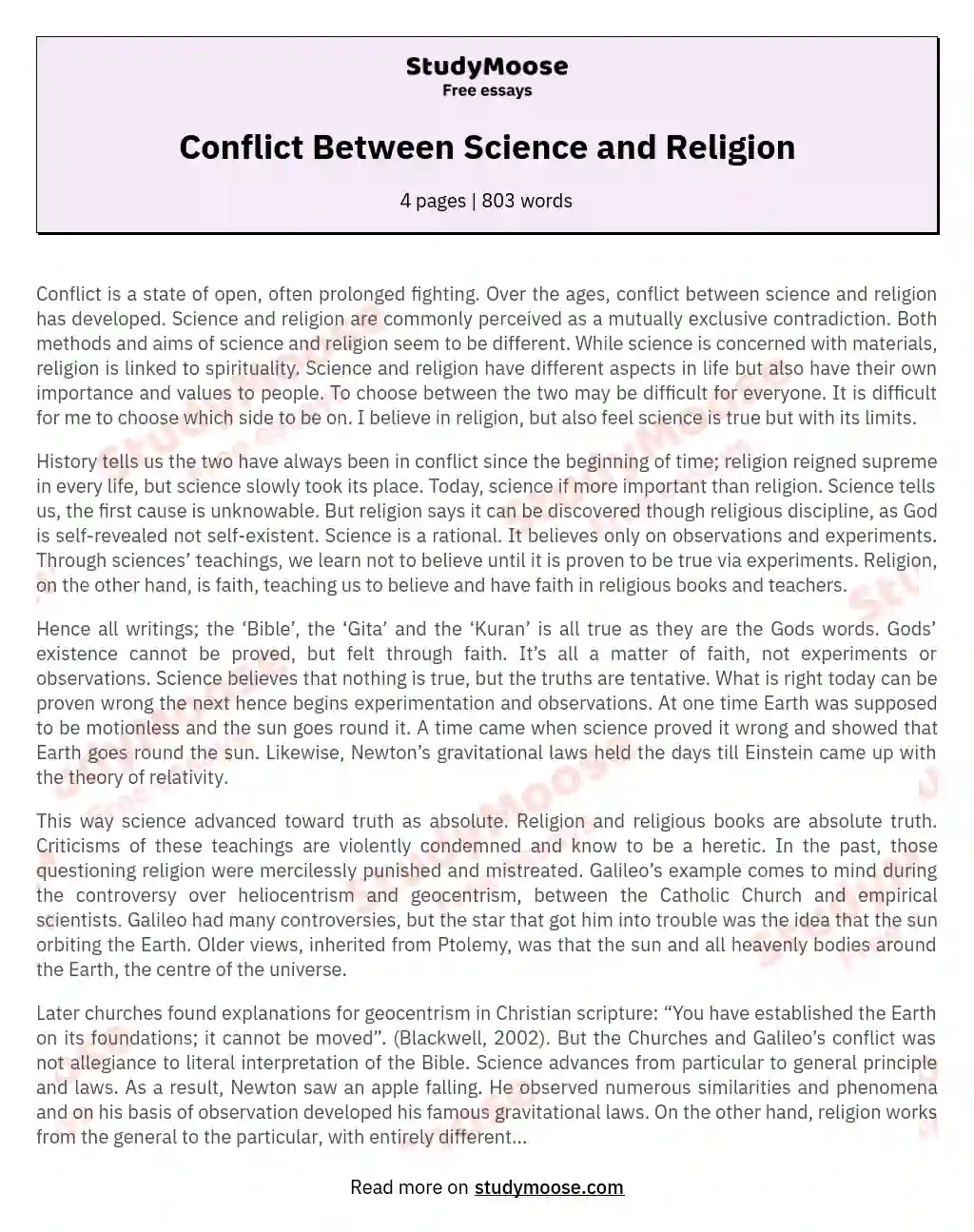 Conflict Between Science and Religion essay