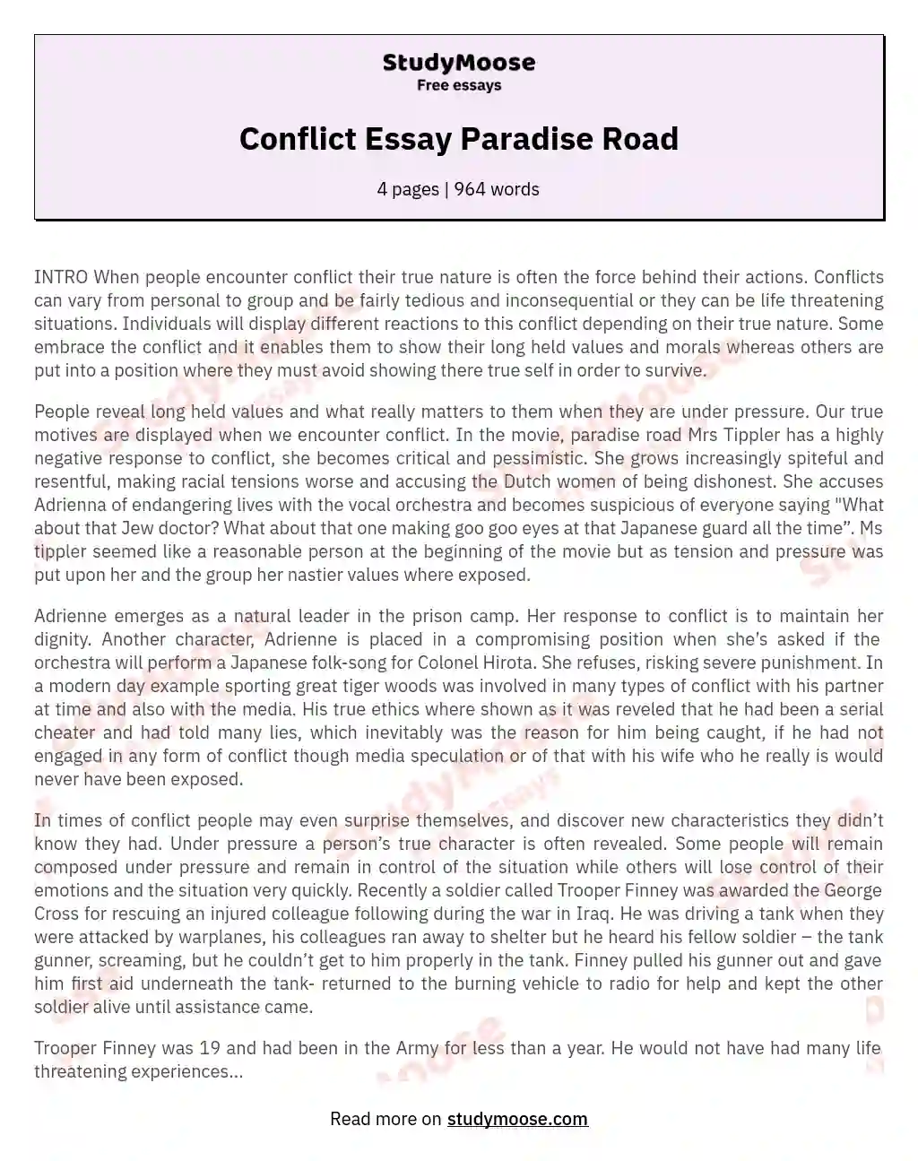 Conflict Essay Paradise Road essay