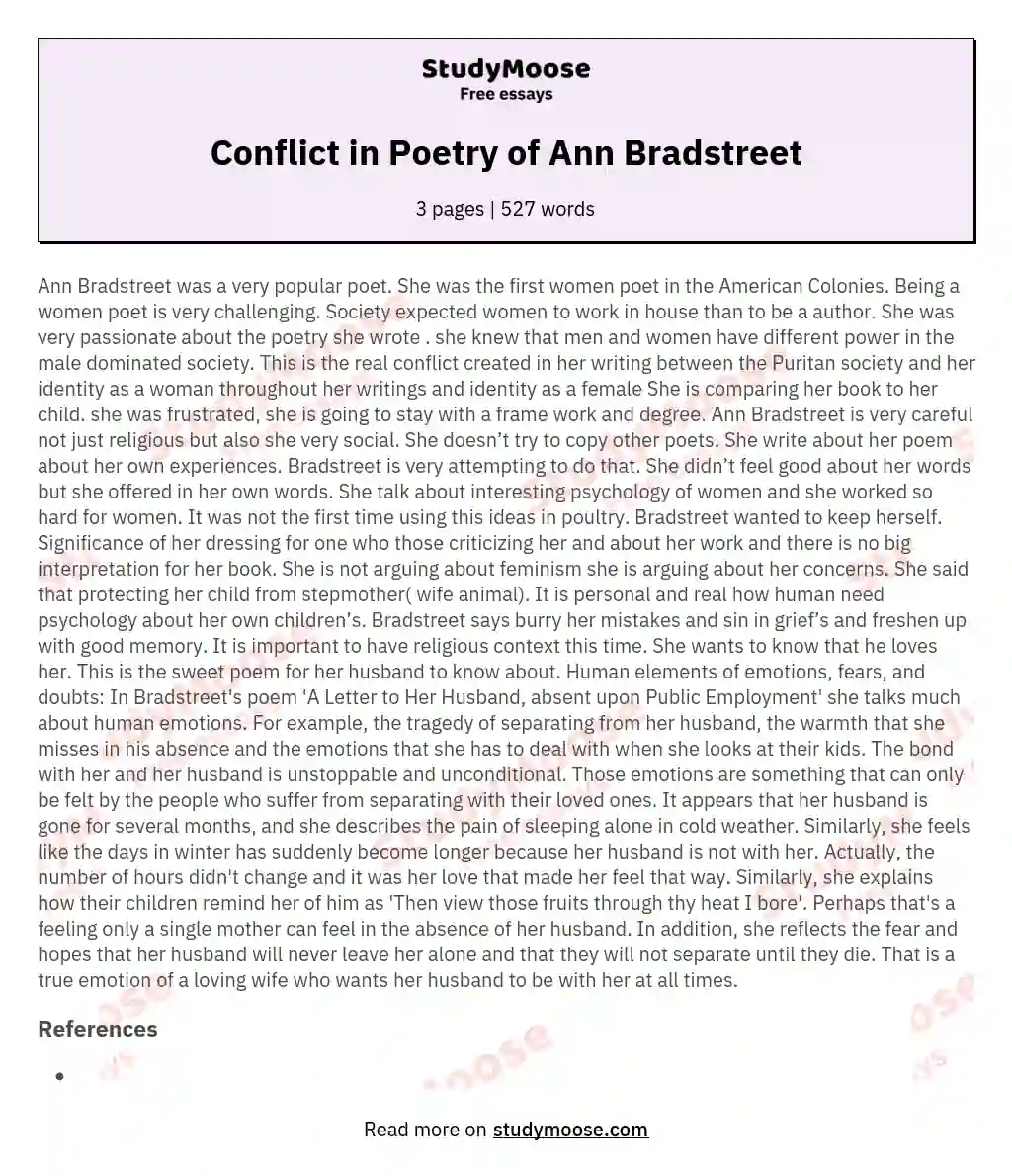 Conflict in Poetry of Ann Bradstreet essay
