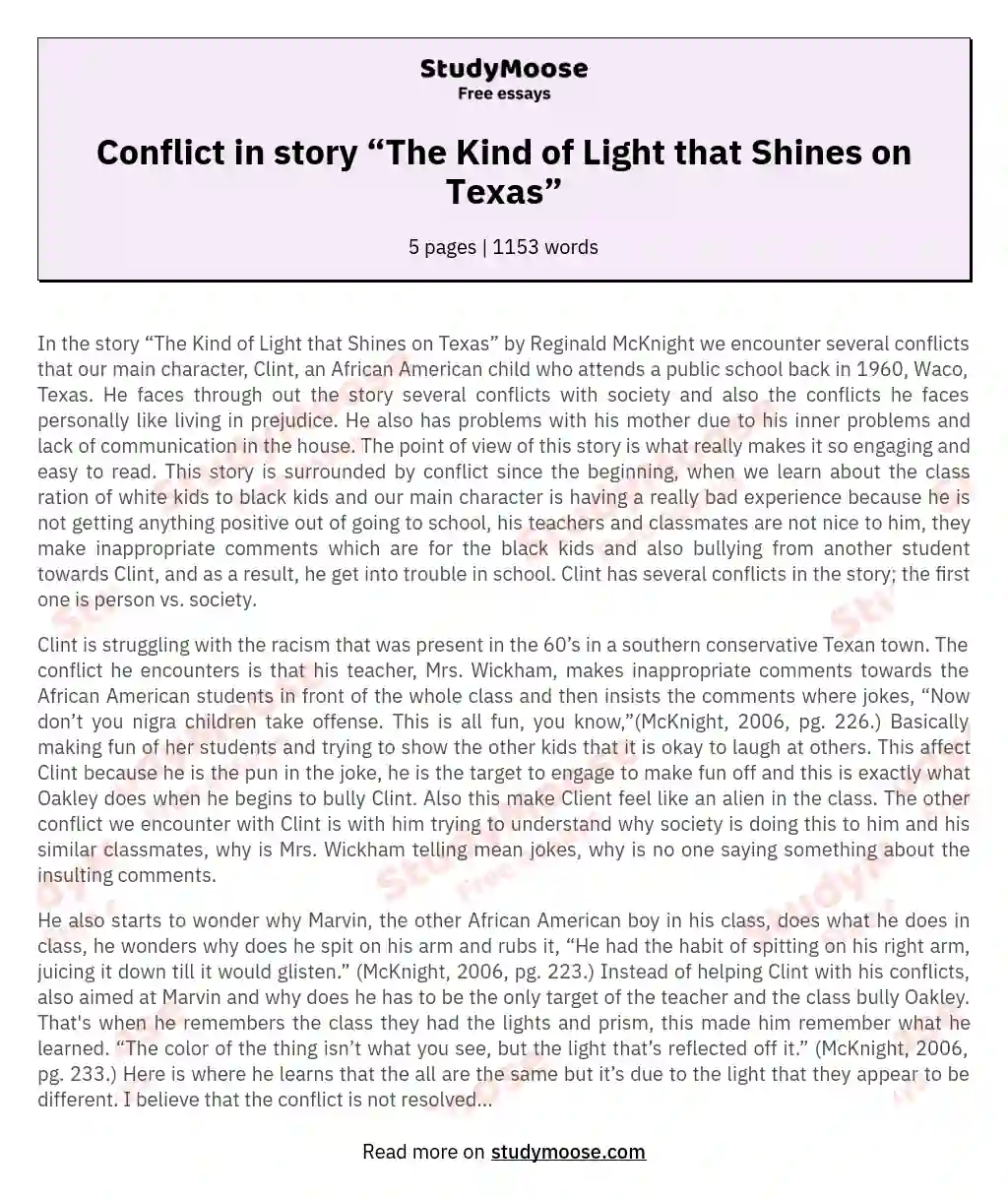 Conflict in story “The Kind of Light that Shines on Texas” essay
