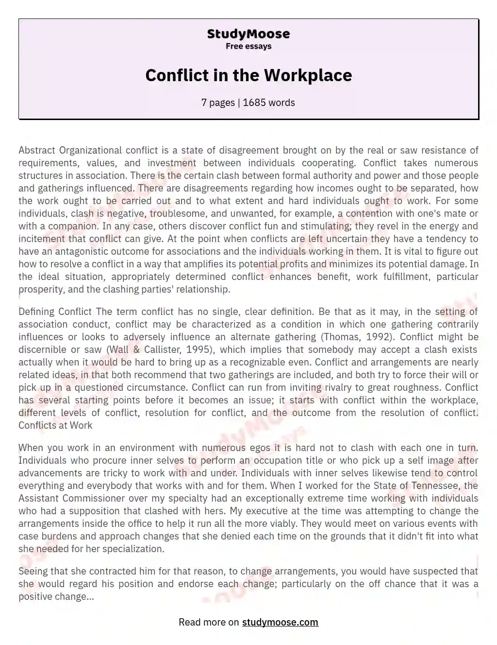 Conflict in the Workplace essay