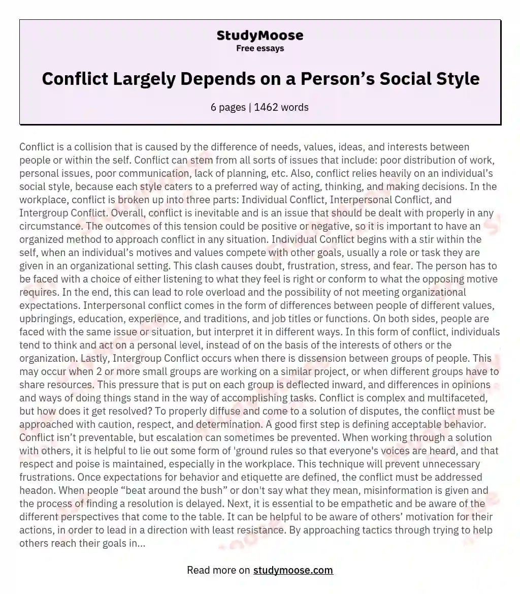Conflict Largely Depends on a Person’s Social Style essay