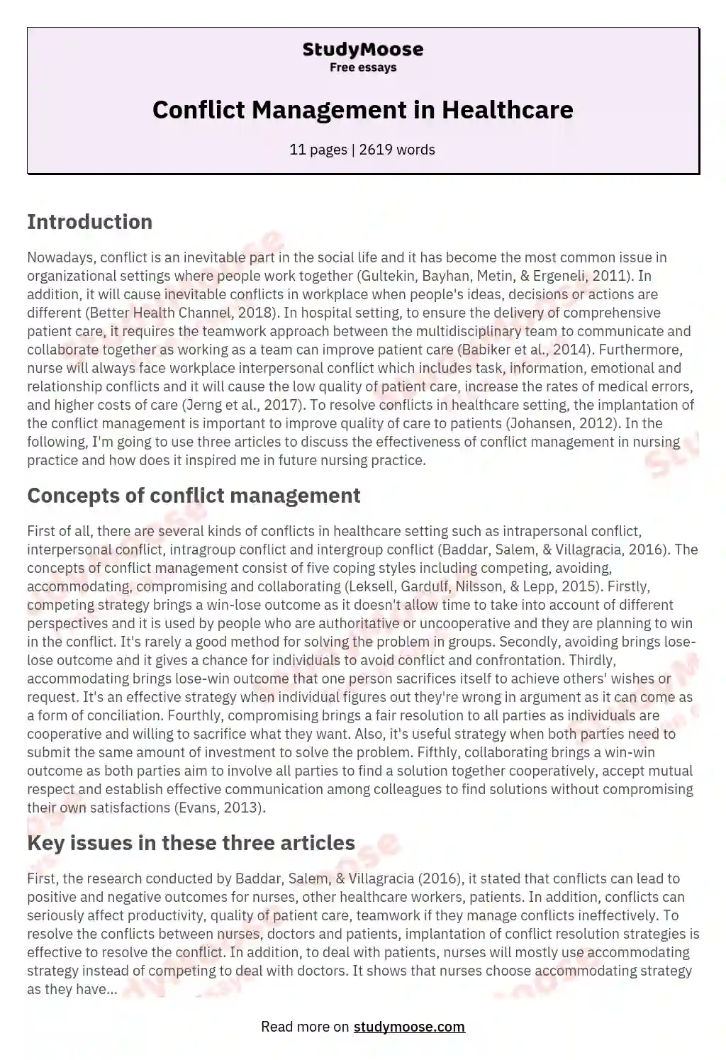 Conflict Management in Healthcare essay