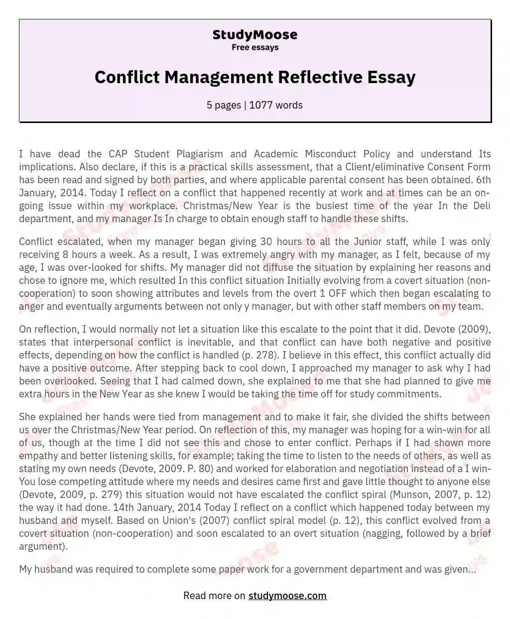 Conflict Management Reflective Essay essay