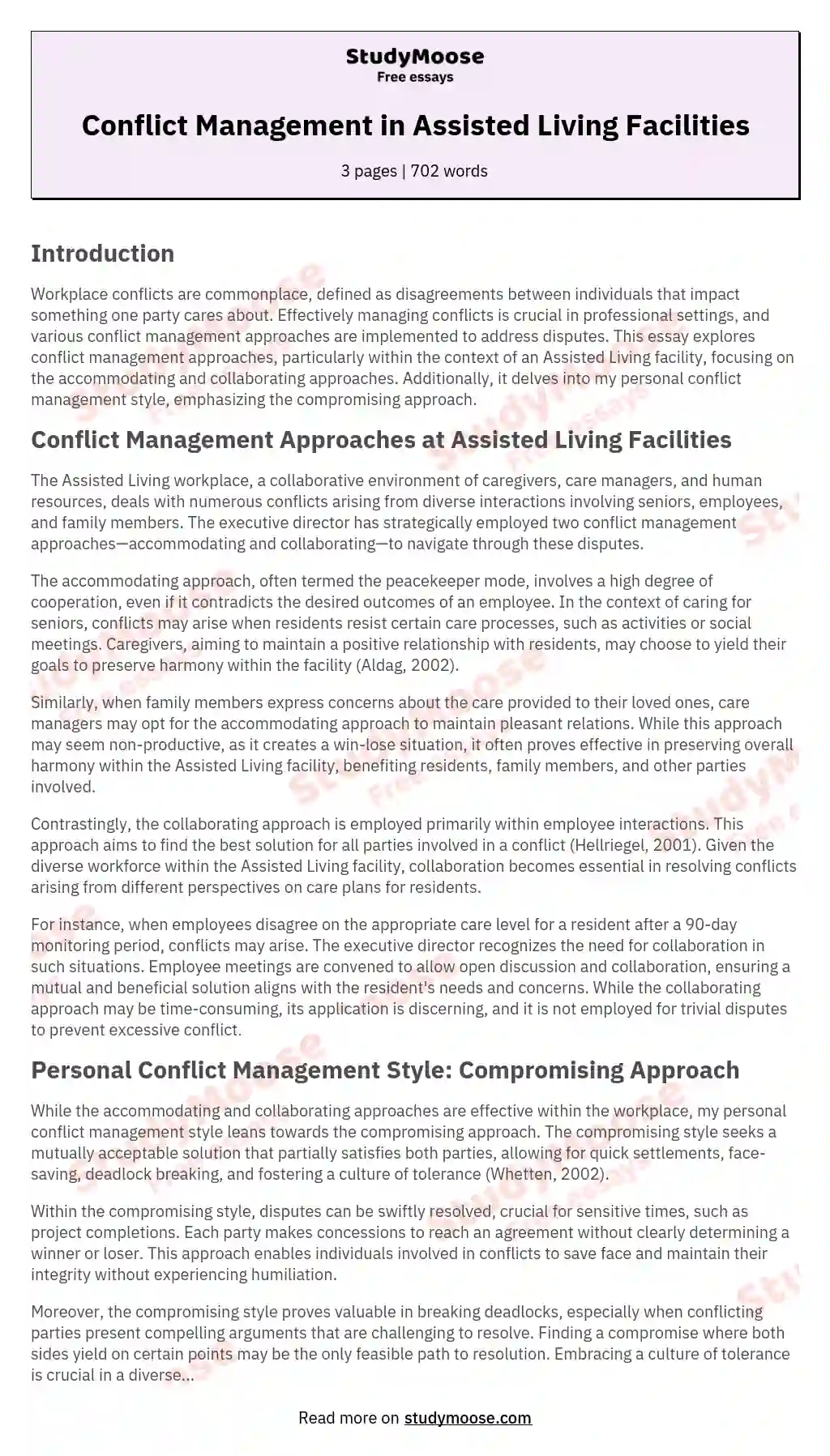 Conflict Management in Assisted Living Facilities essay