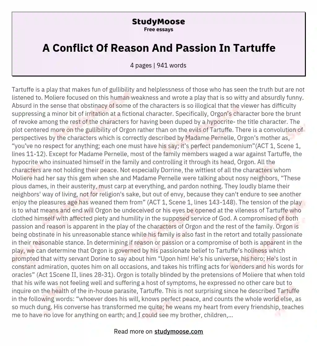 A Conflict Of Reason And Passion In Tartuffe essay