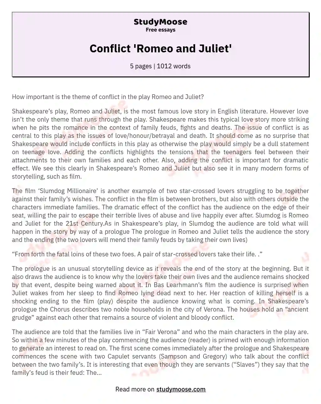 romeo and juliet thesis statement about conflict