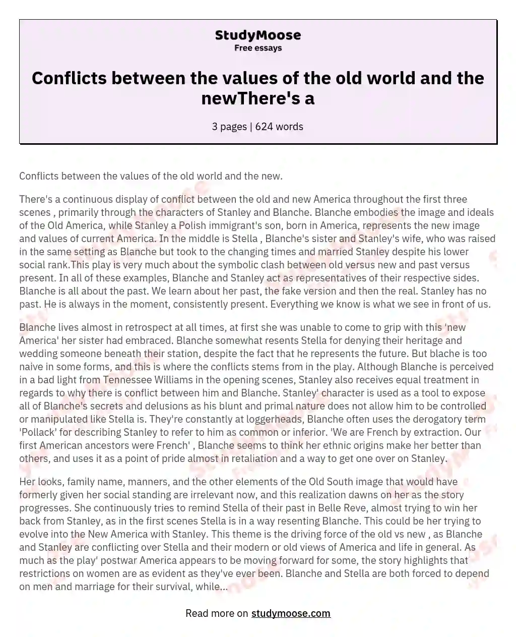 Conflicts between the values of the old world and the newThere's a essay