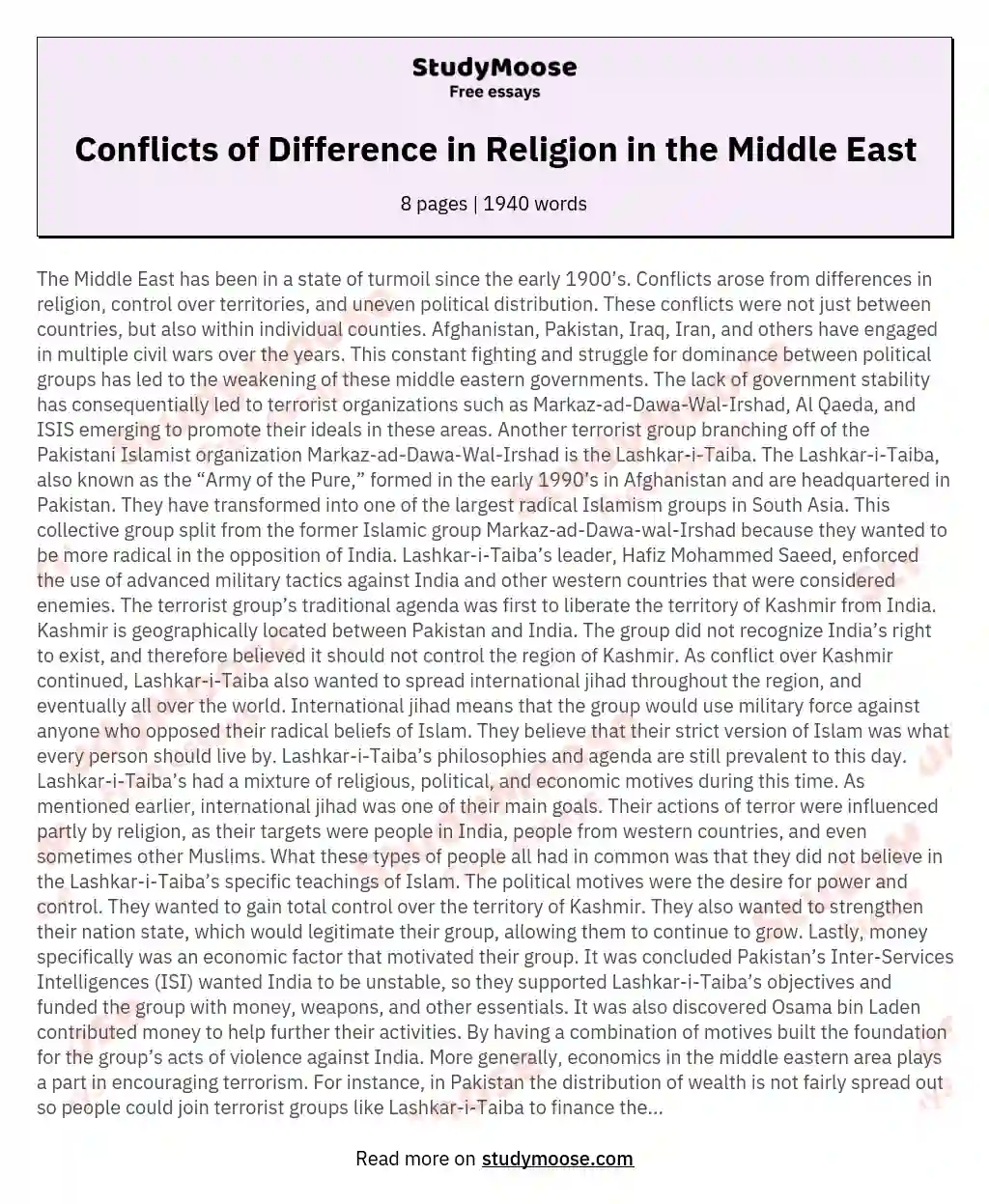 Conflicts of Difference in Religion in the Middle East essay