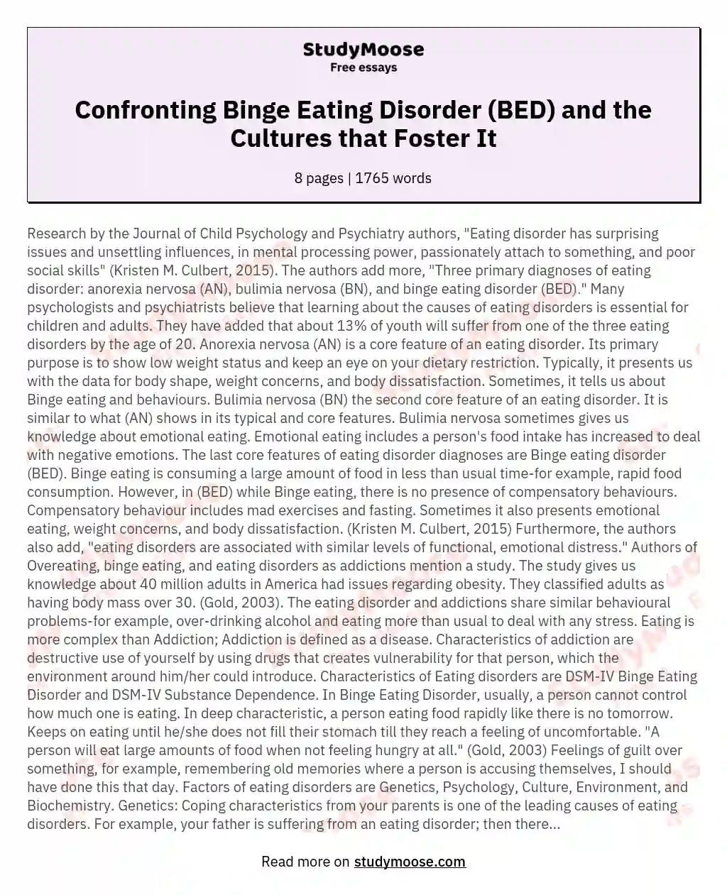 Confronting Binge Eating Disorder (BED) and the Cultures that Foster It essay