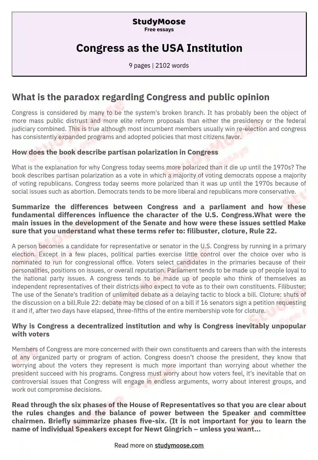 Congress as the USA Institution essay