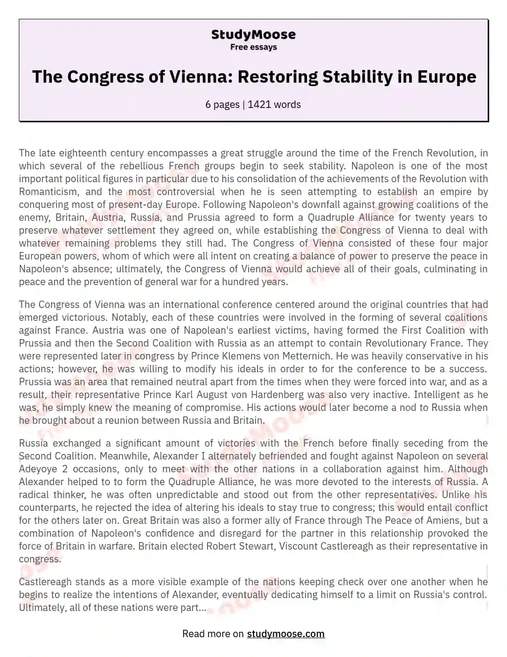 The Congress of Vienna: Restoring Stability in Europe essay