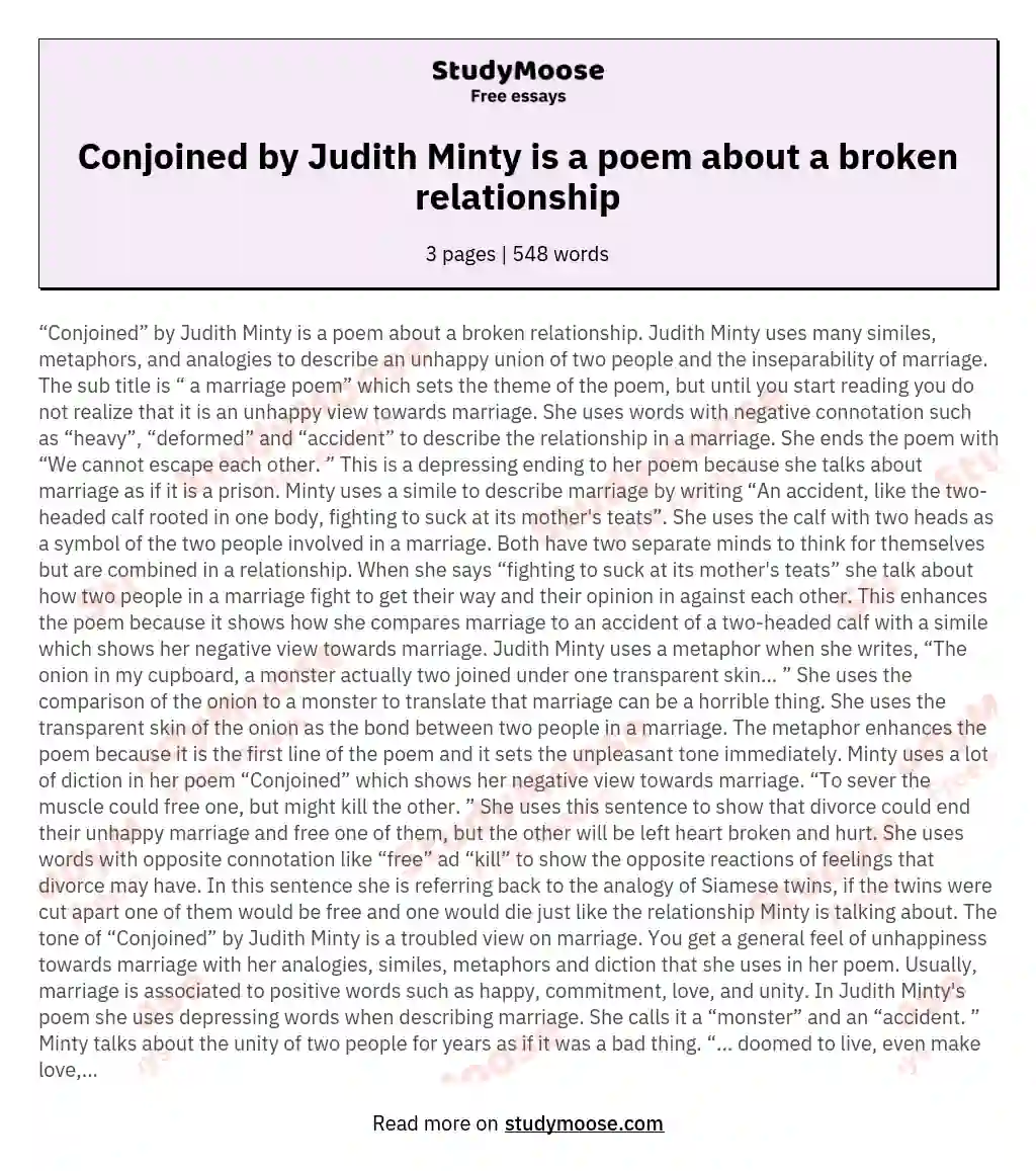 Conjoined by Judith Minty is a poem about a broken relationship