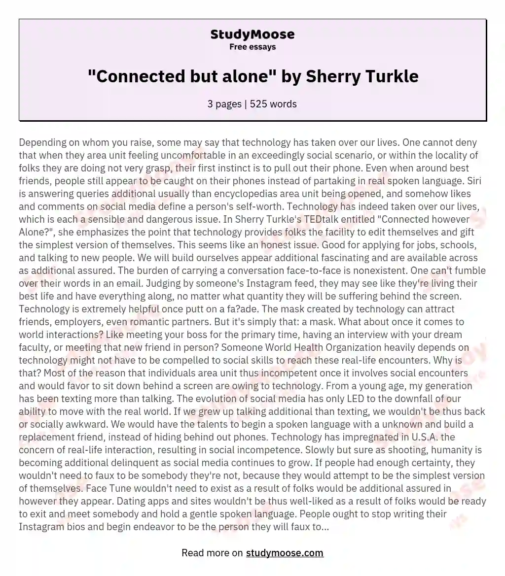 "Connected but alone" by Sherry Turkle essay