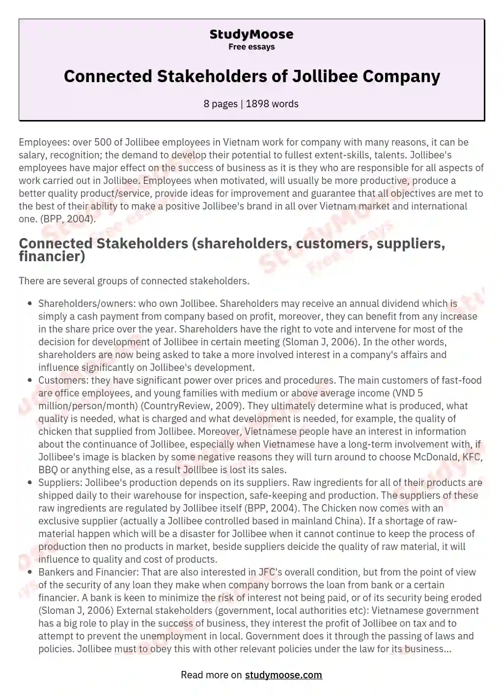 Connected Stakeholders of Jollibee Company essay