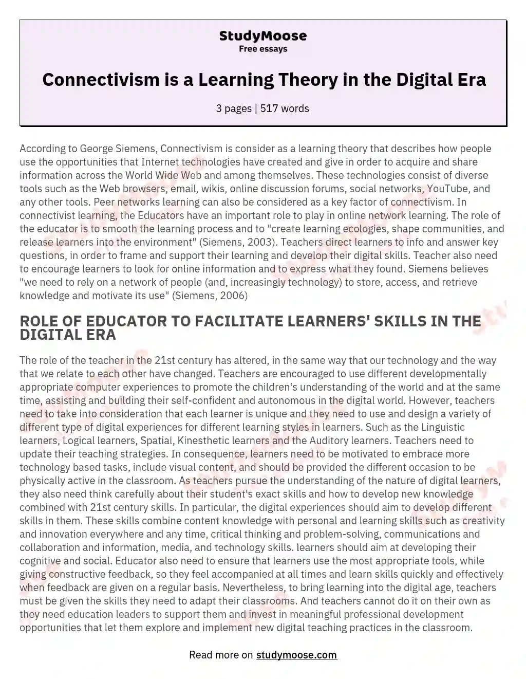 Connectivism is a Learning Theory in the Digital Era essay