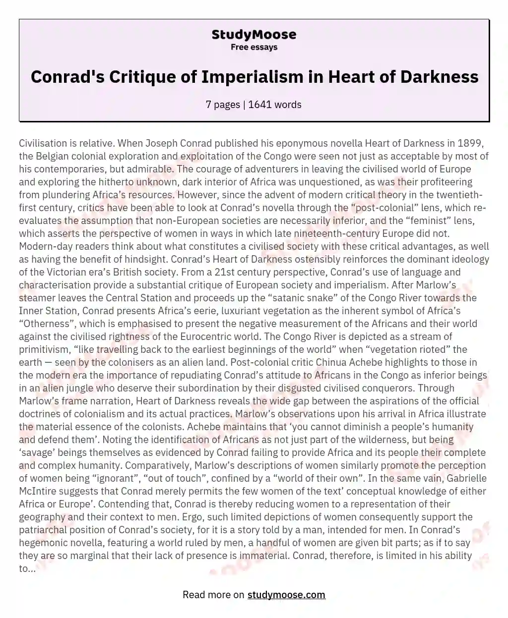 essay about imperialism in heart of darkness