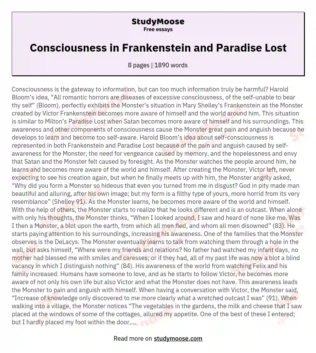 Consciousness in Frankenstein and Paradise Lost