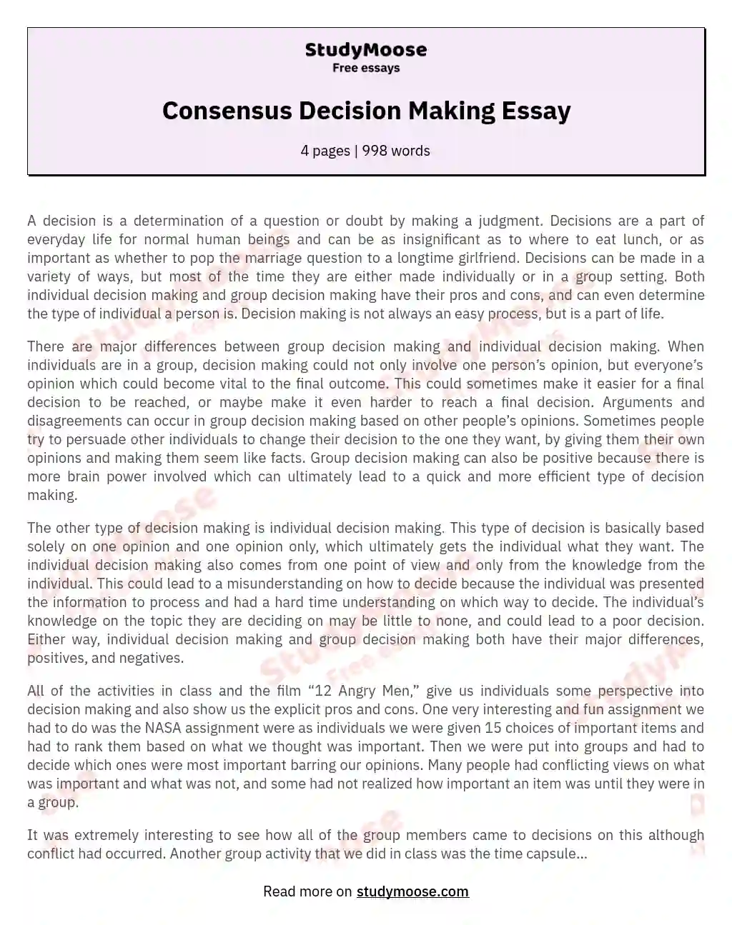 Consensus Decision Making Essay essay