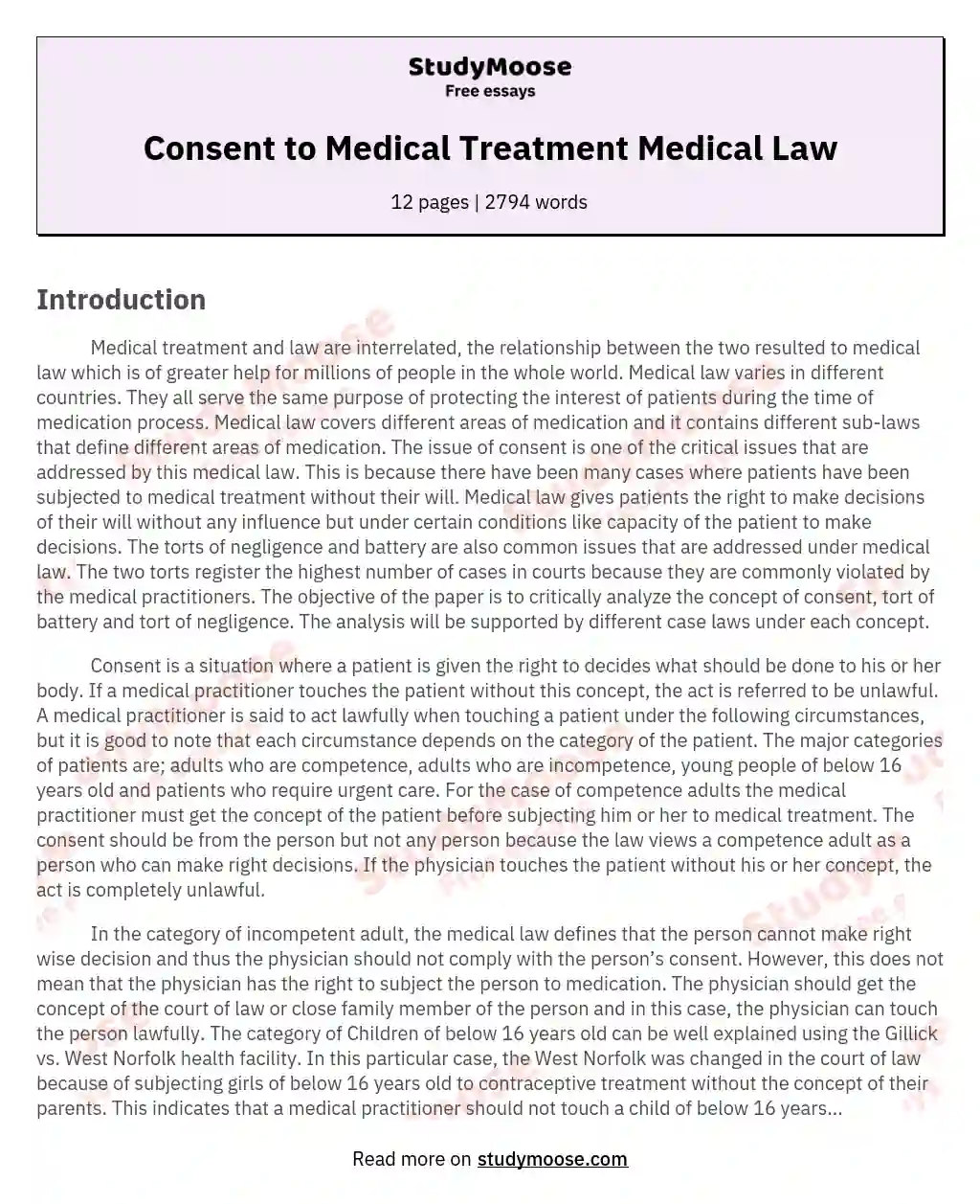 Consent to Medical Treatment Medical Law