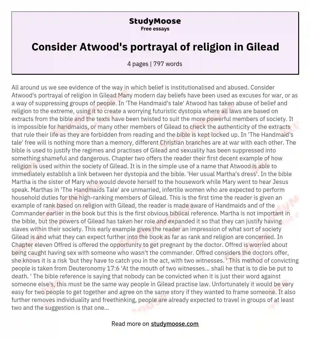 Consider Atwood's portrayal of religion in Gilead essay