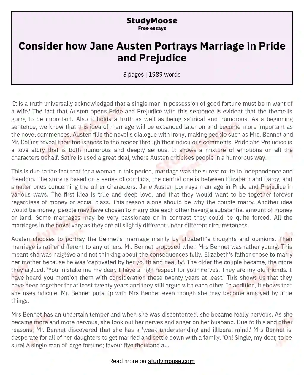 Consider how Jane Austen Portrays Marriage in Pride and Prejudice