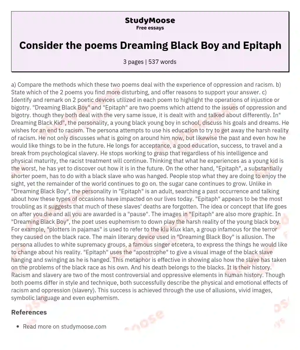 Consider the poems Dreaming Black Boy and Epitaph essay