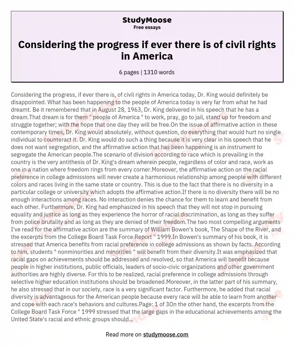 Considering the progress if ever there is of civil rights in America essay