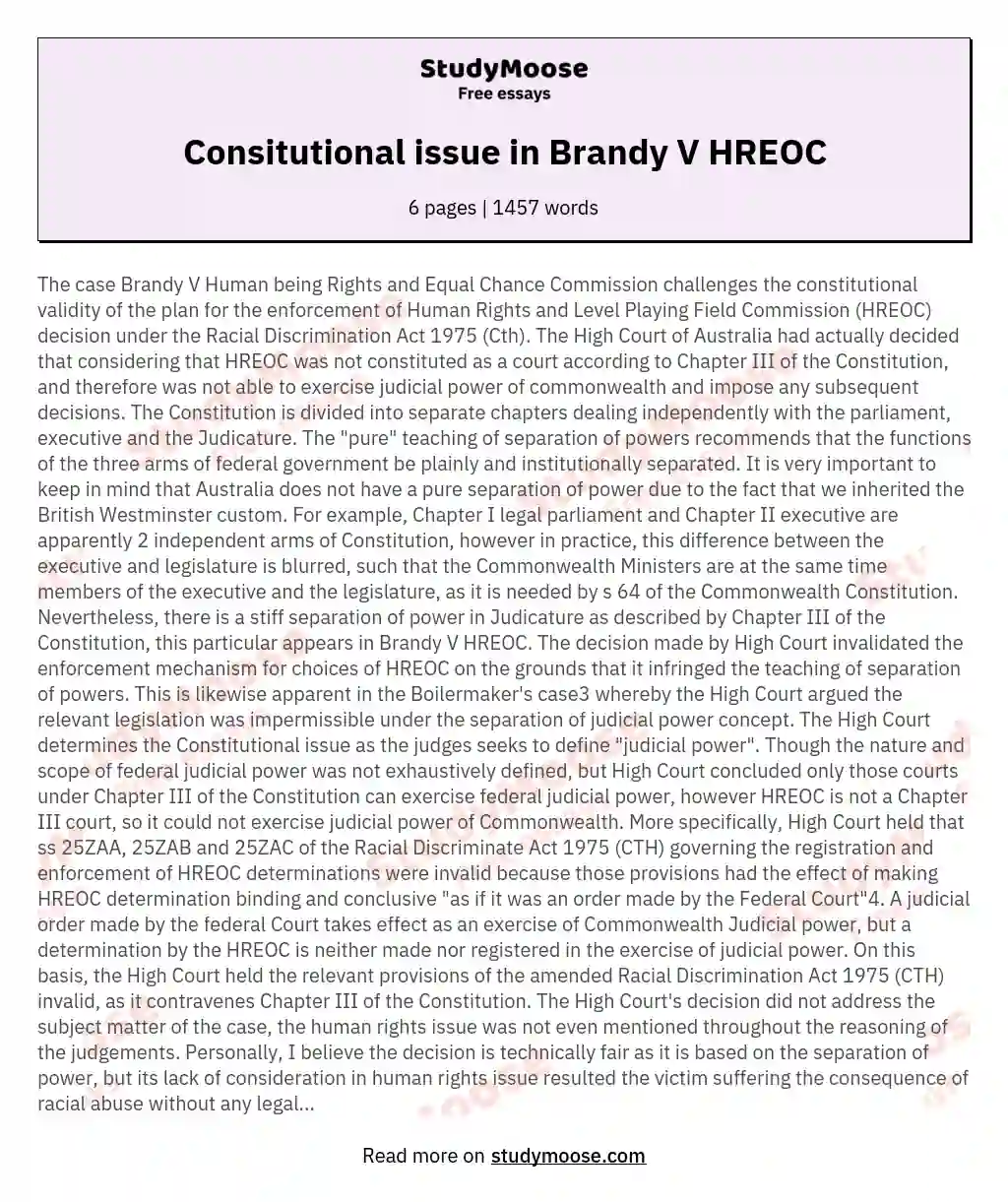 Consitutional issue in Brandy V HREOC essay