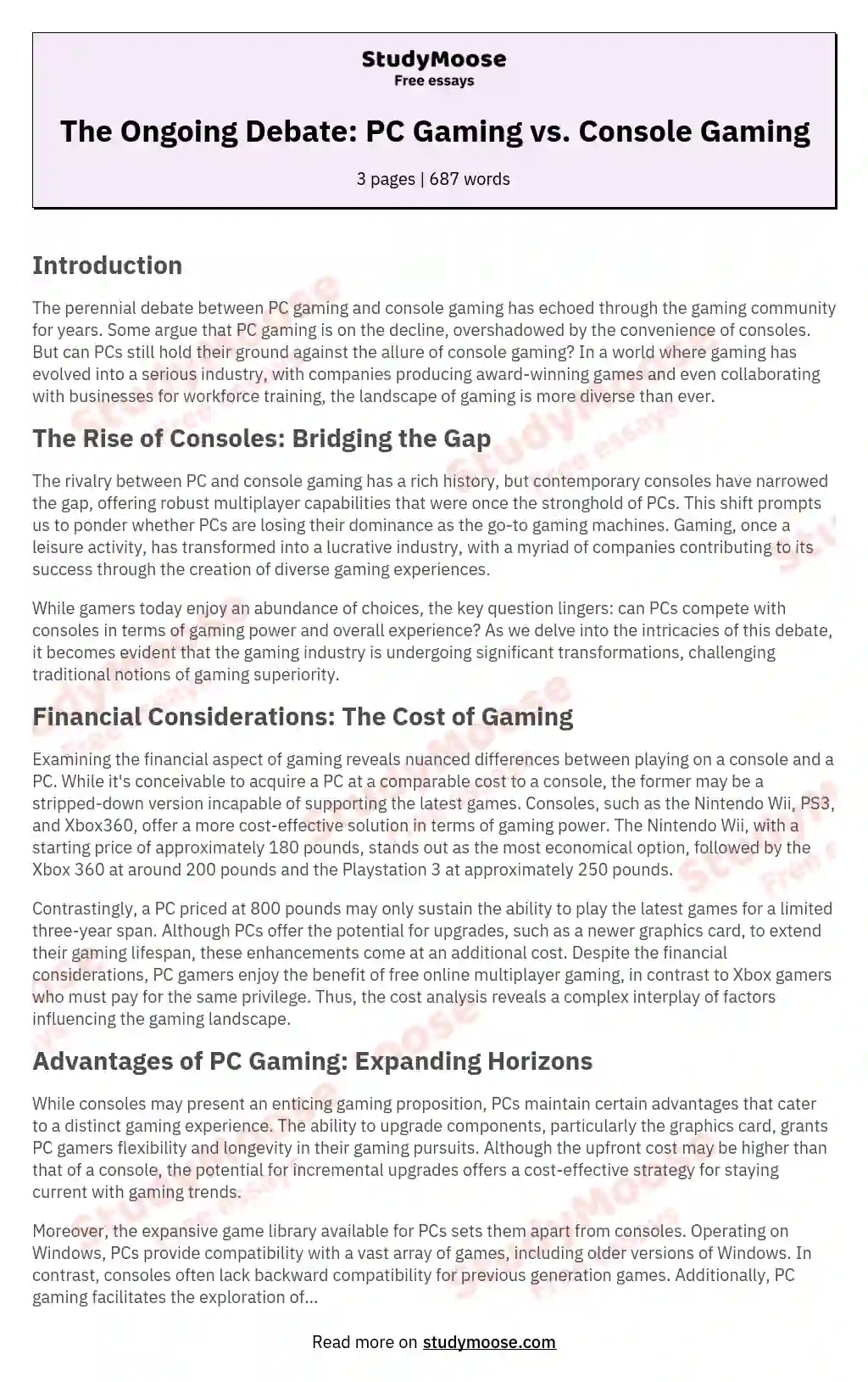 The Ongoing Debate: PC Gaming vs. Console Gaming essay