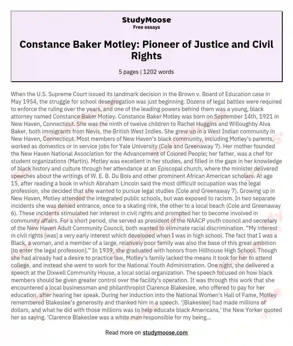 Constance Baker Motley: Pioneer of Justice and Civil Rights essay