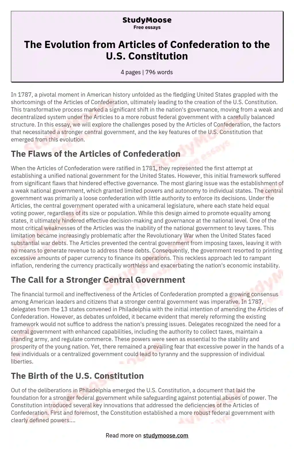 The Evolution from Articles of Confederation to the U.S. Constitution essay