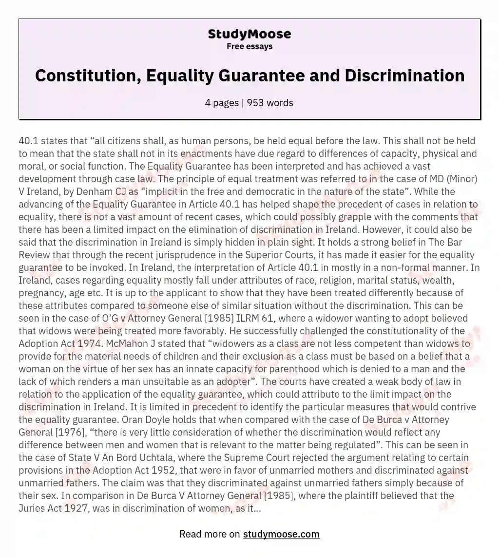 Constitution, Equality Guarantee and Discrimination essay