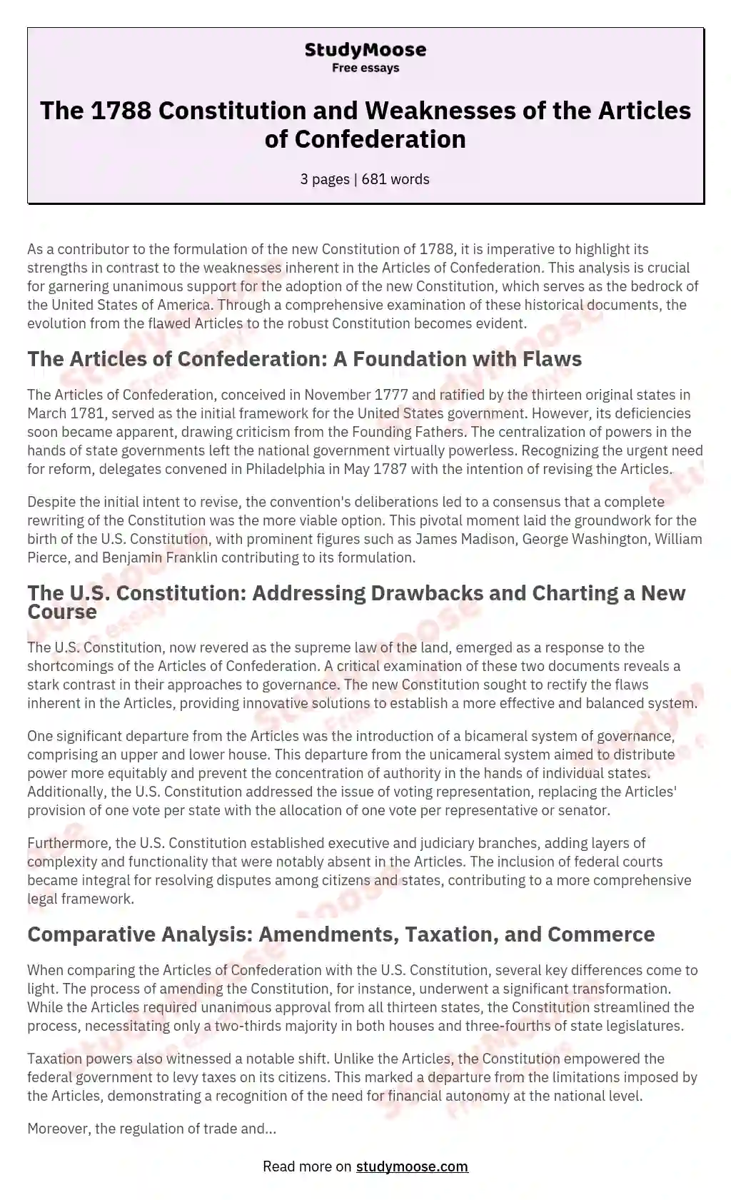 Constitution vs Articles of Confederation