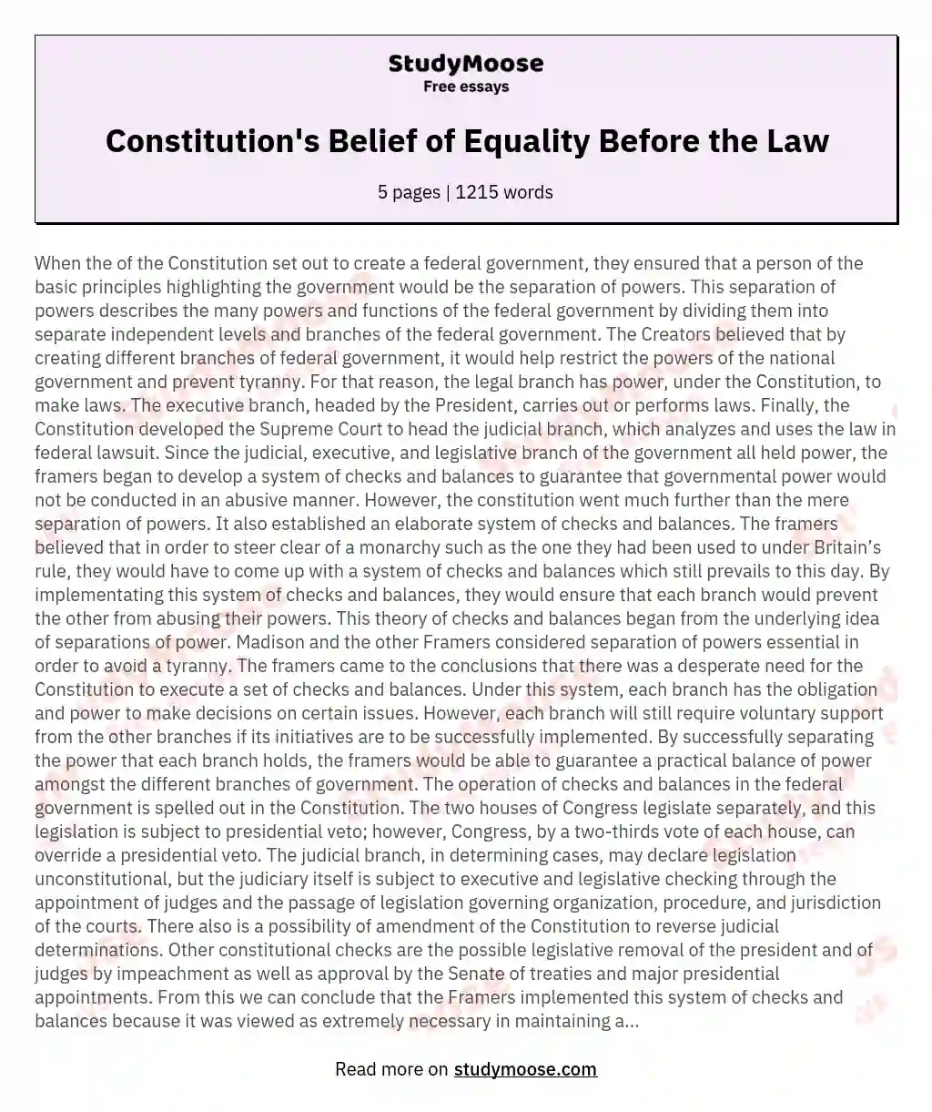 Constitution's Belief of Equality Before the Law essay