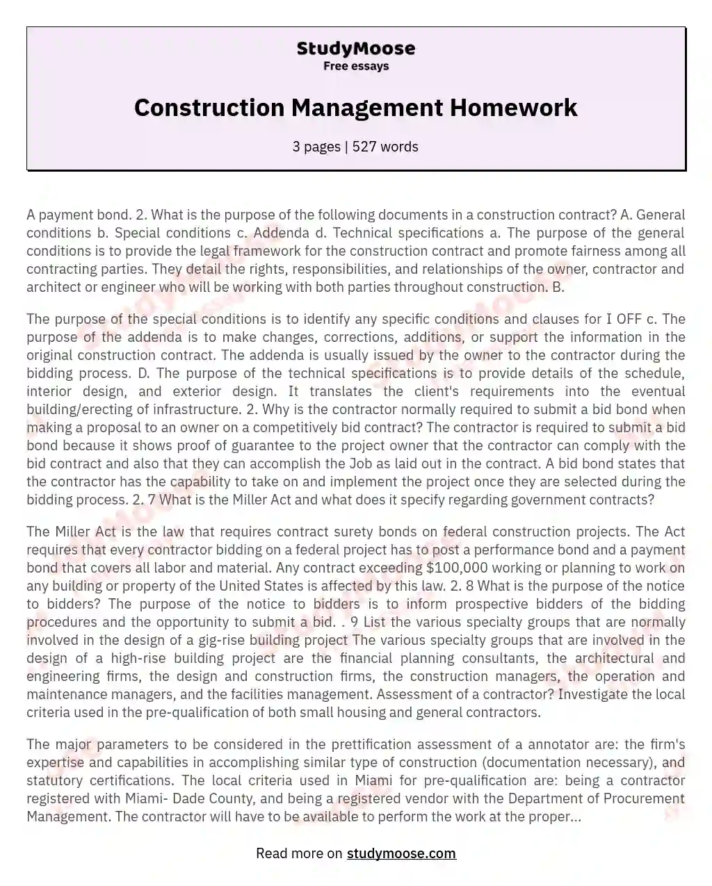 Construction Management Homework essay