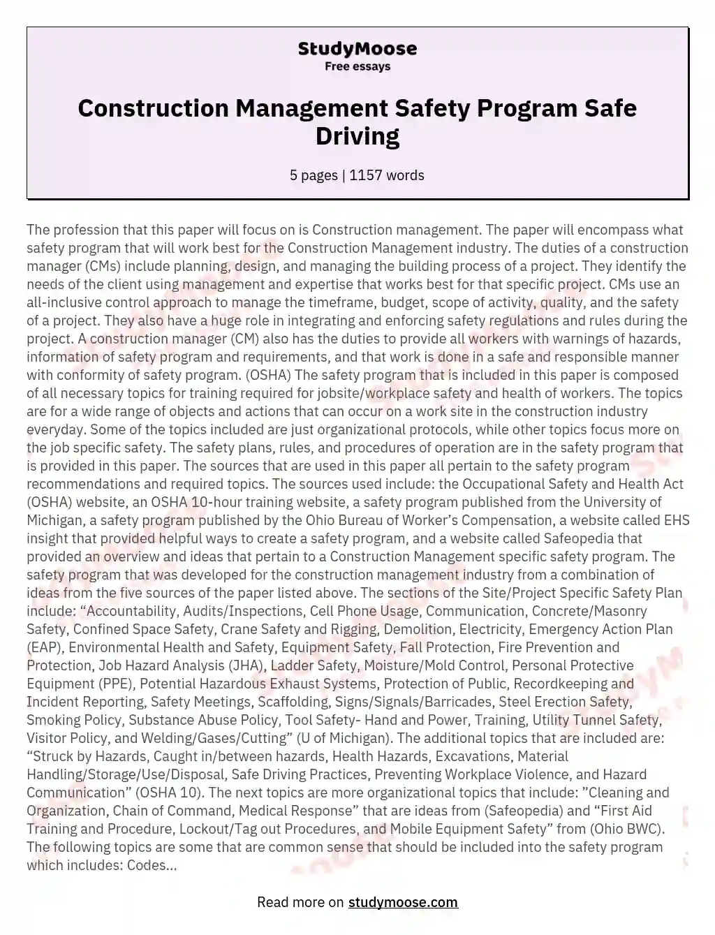 Construction Management Safety Program Safe Driving essay