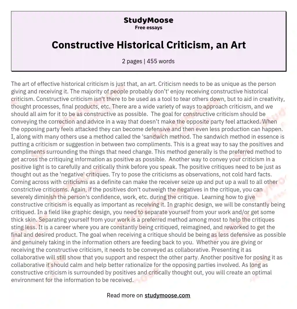 Constructive Historical Criticism, an Art essay