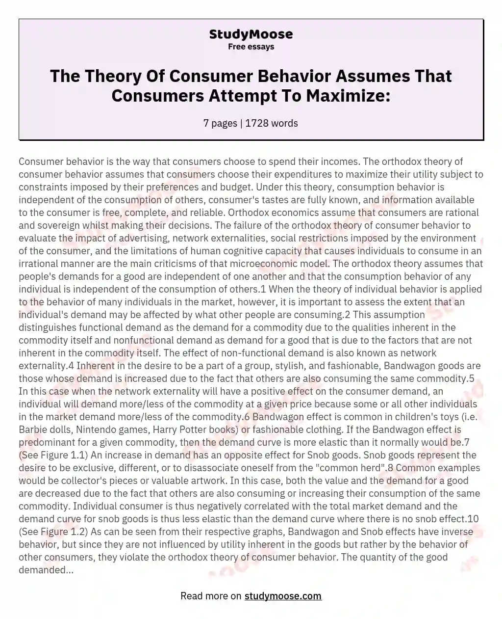 The Theory Of Consumer Behavior Assumes That Consumers Attempt To Maximize: essay